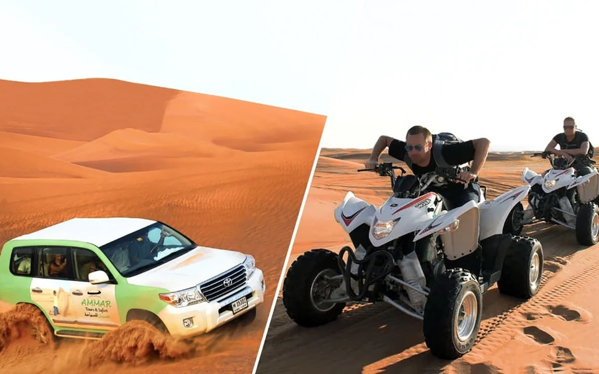 A group photographing camels on a dune ridge in the late afternoon near Dubai